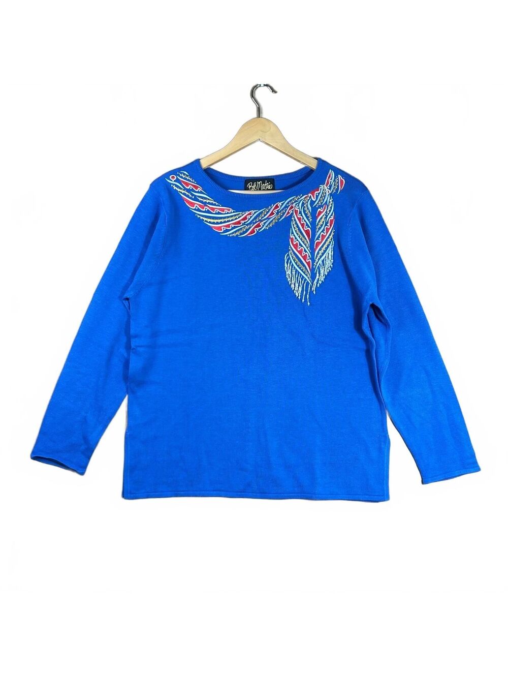 Bob Mackie Wearable Art Blue Beaded Fringe Sequined Knit Top Sweater Large